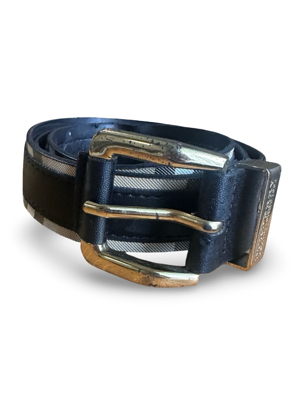 Burberry Black Leather Belt with Gold Hardware and Check Accent Unisex